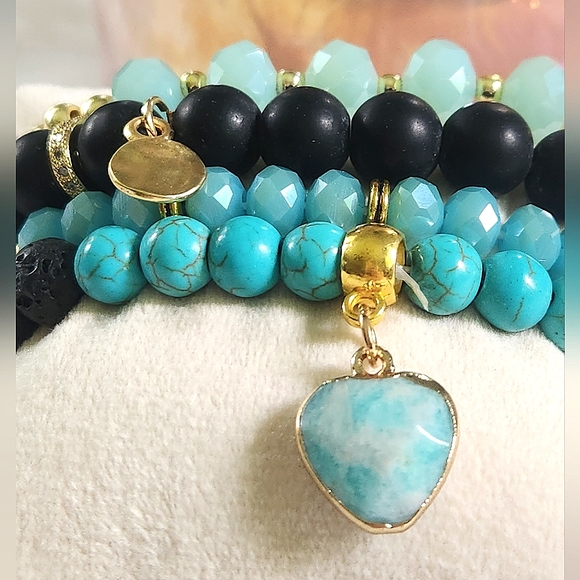 NWT Ryze Natural Stone Larimar & Lava Rock Beaded Staxx Bracelets - Set of 4 - Picture 2 of 8